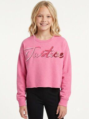 Justice Girls Cropped Sweatshirt Pink Medium –Graphic Logo Ragged Edge Pullover